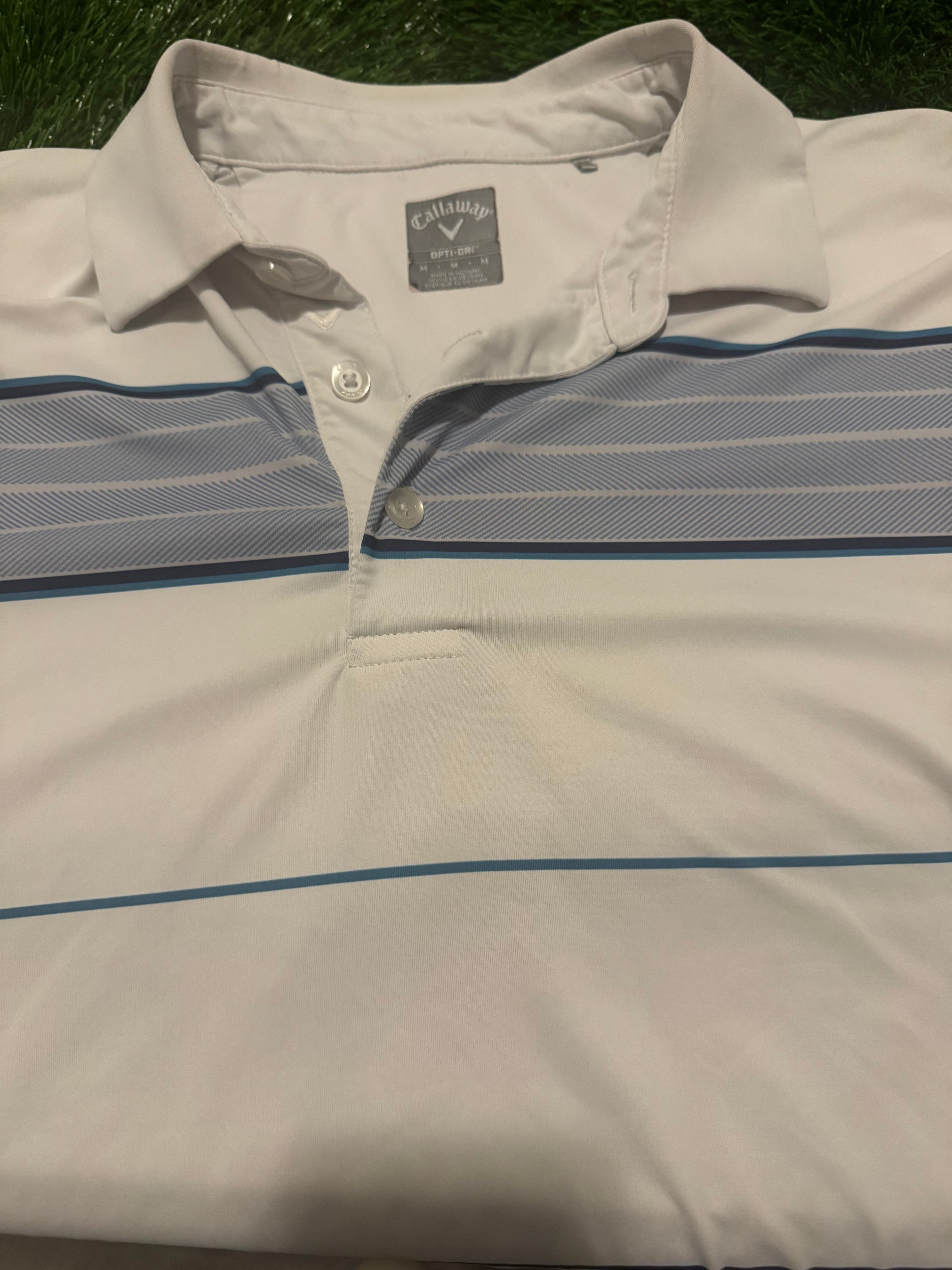 Callaway White/Blue & Grey Lines Polo Golf Shirt - Medium