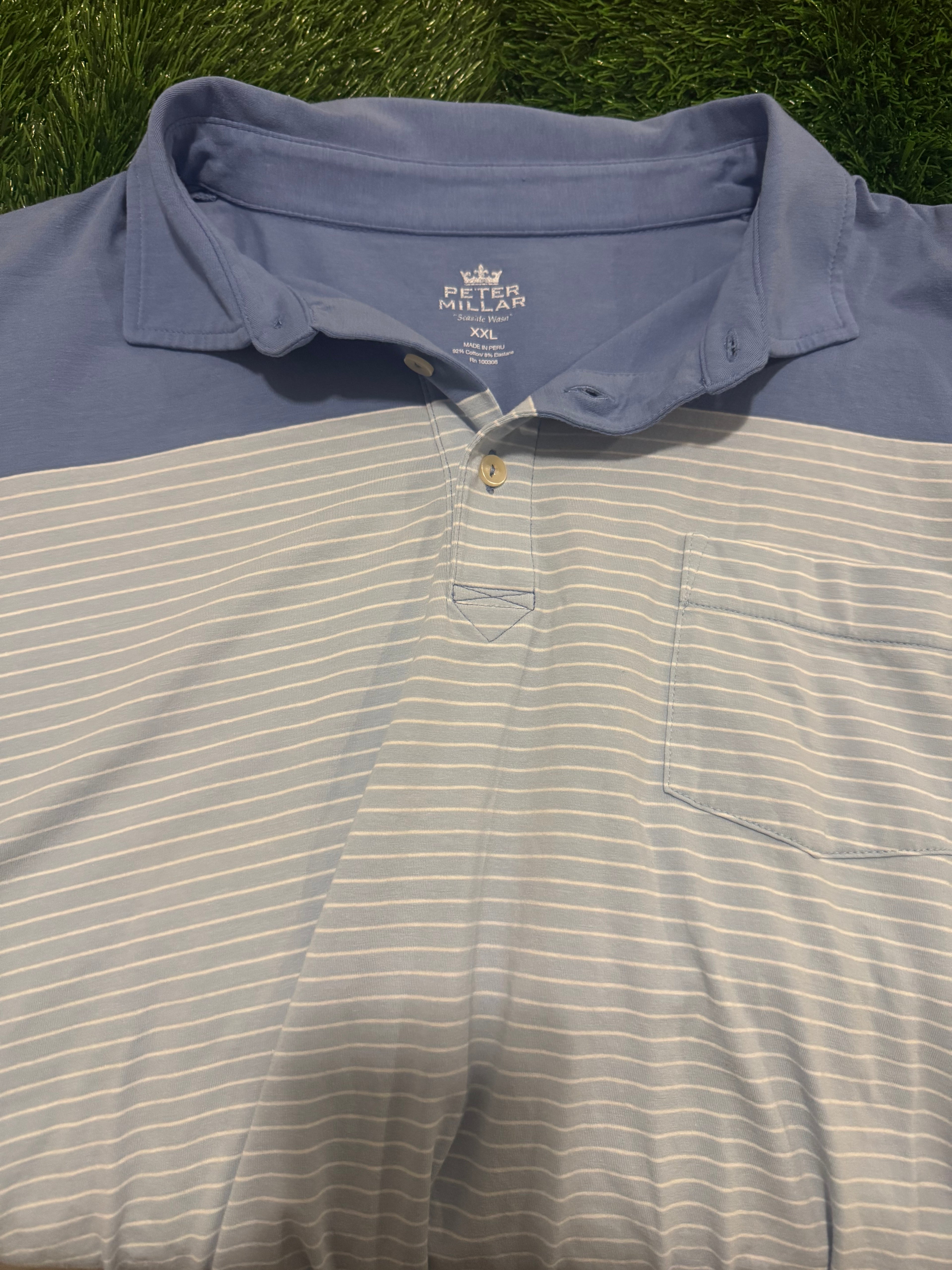 Peter Millar Polo Golf Shirt - Carolina/White pin stripe