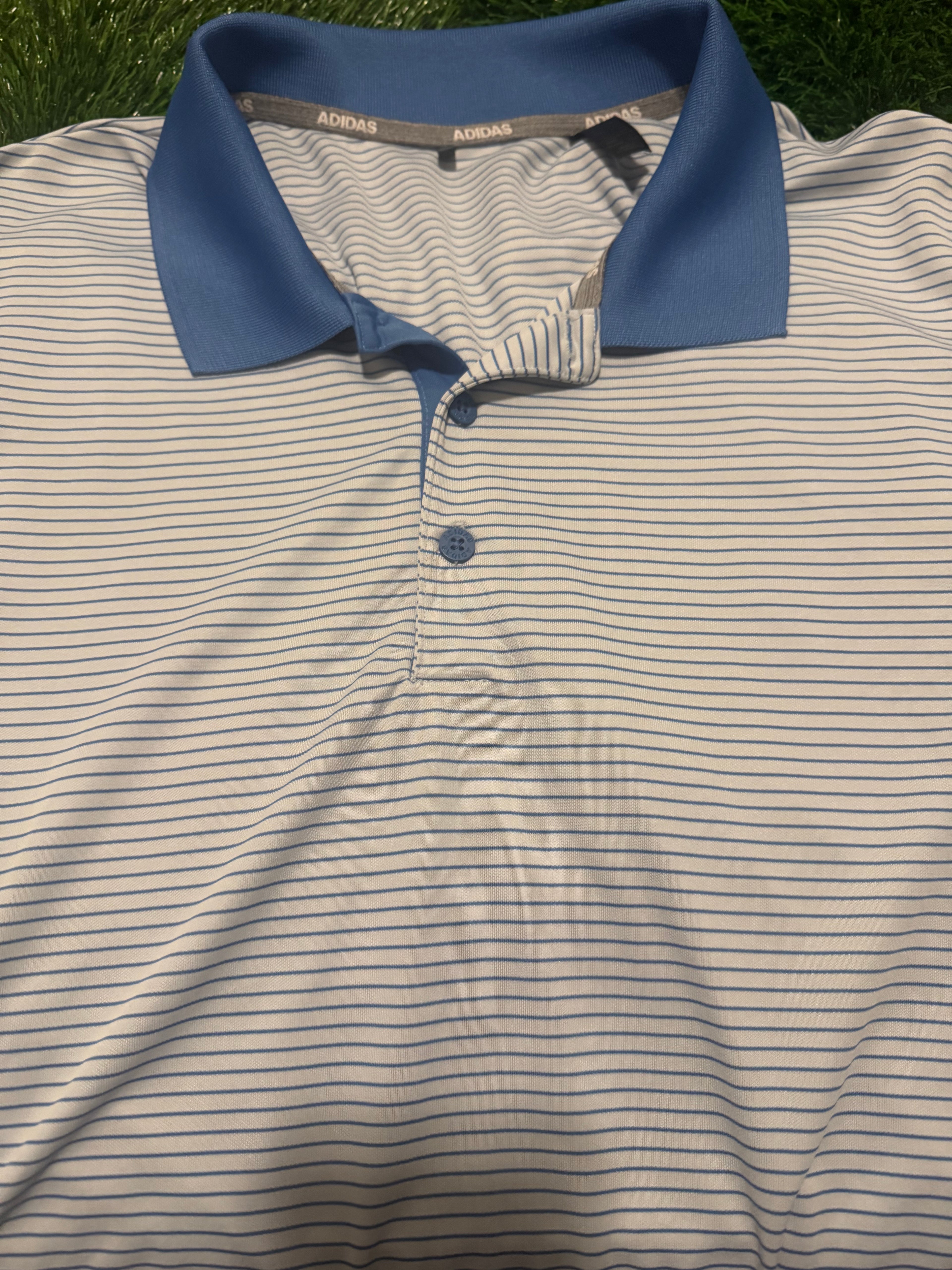 Adidas White/Blue Stripe Polo Golf Shirt - XX-Large