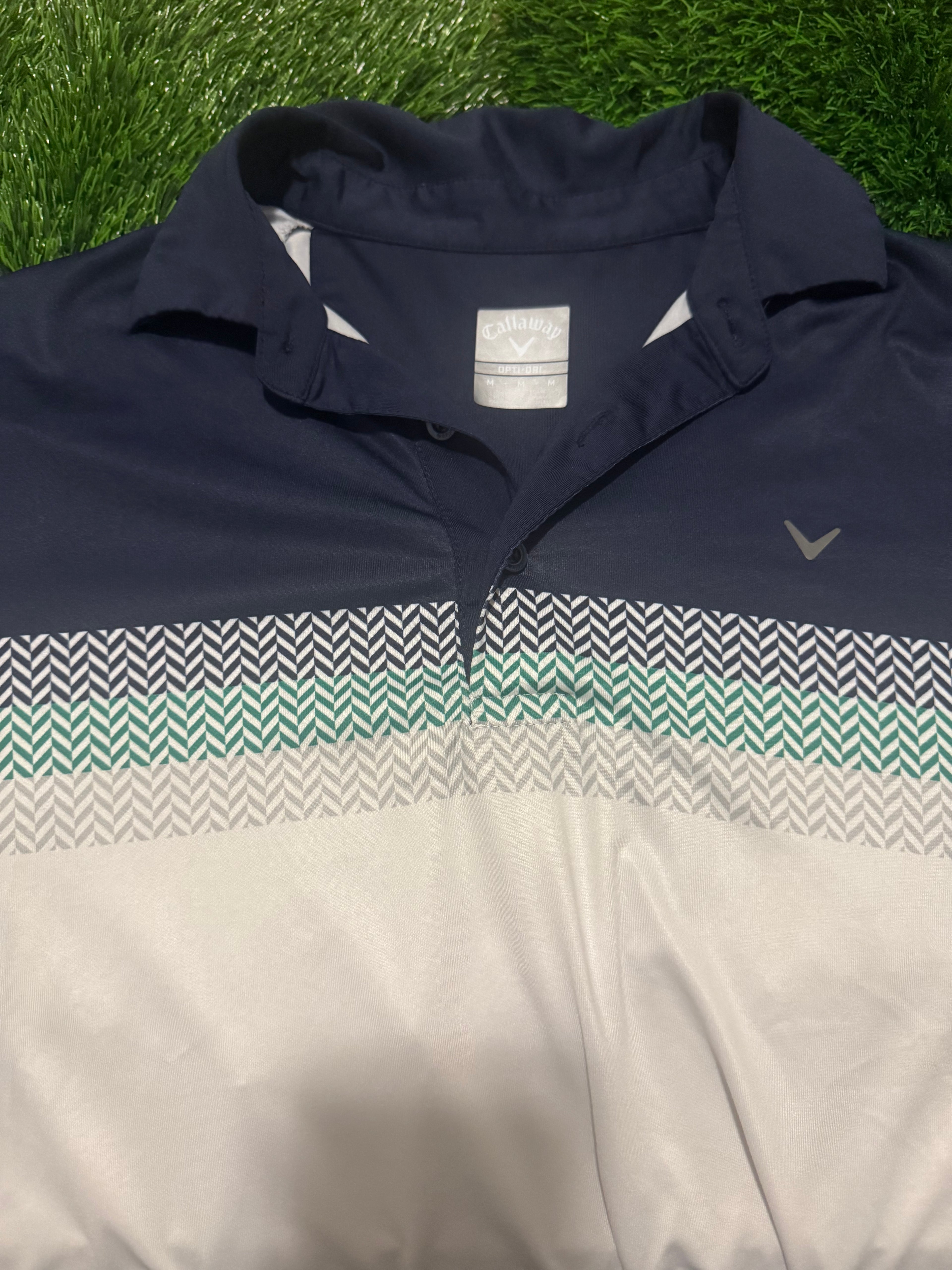 Callaway White/Navy/Grey & Green Stripe Polo Golf Shirt - Medium